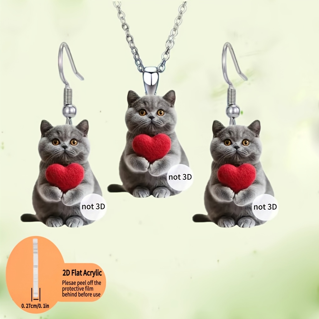 2D Acrylic Gray Cat Holding Heart Earrings Pendant Set